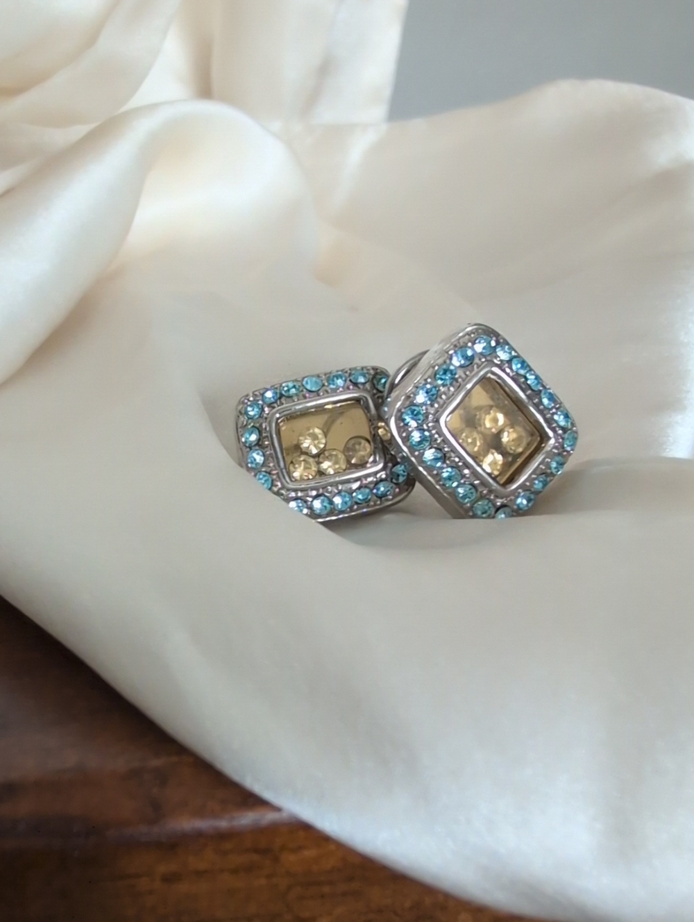 Vintage Silver-Tone Square Earrings with Blue Topaz Crystals